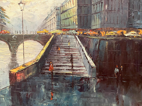 Paris Impressionist Bridge Monument River Boat Oil On Canvas