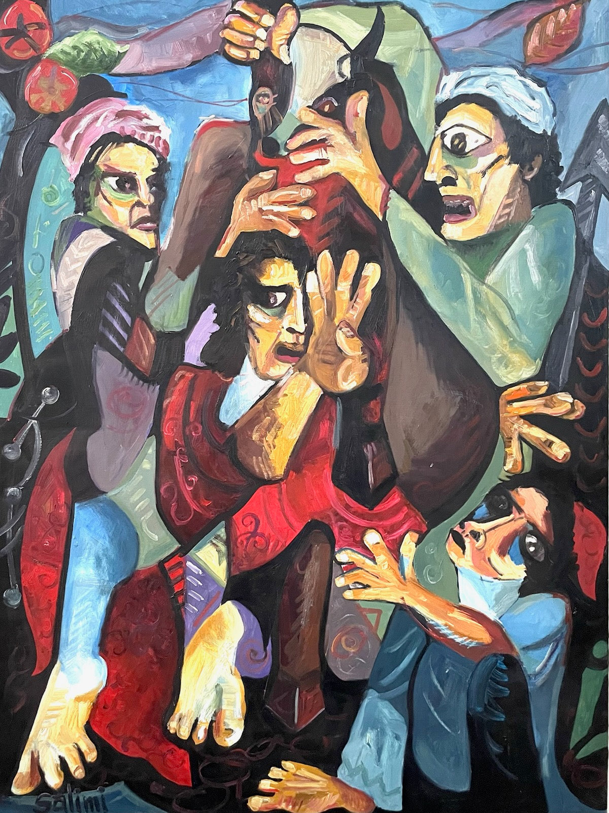 Abstract painting with multiple figures and hands reaching towards each other, using a vibrant color palette.