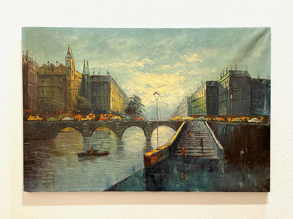 Paris Impressionist Bridge Monument River Boat Oil On Canvas 