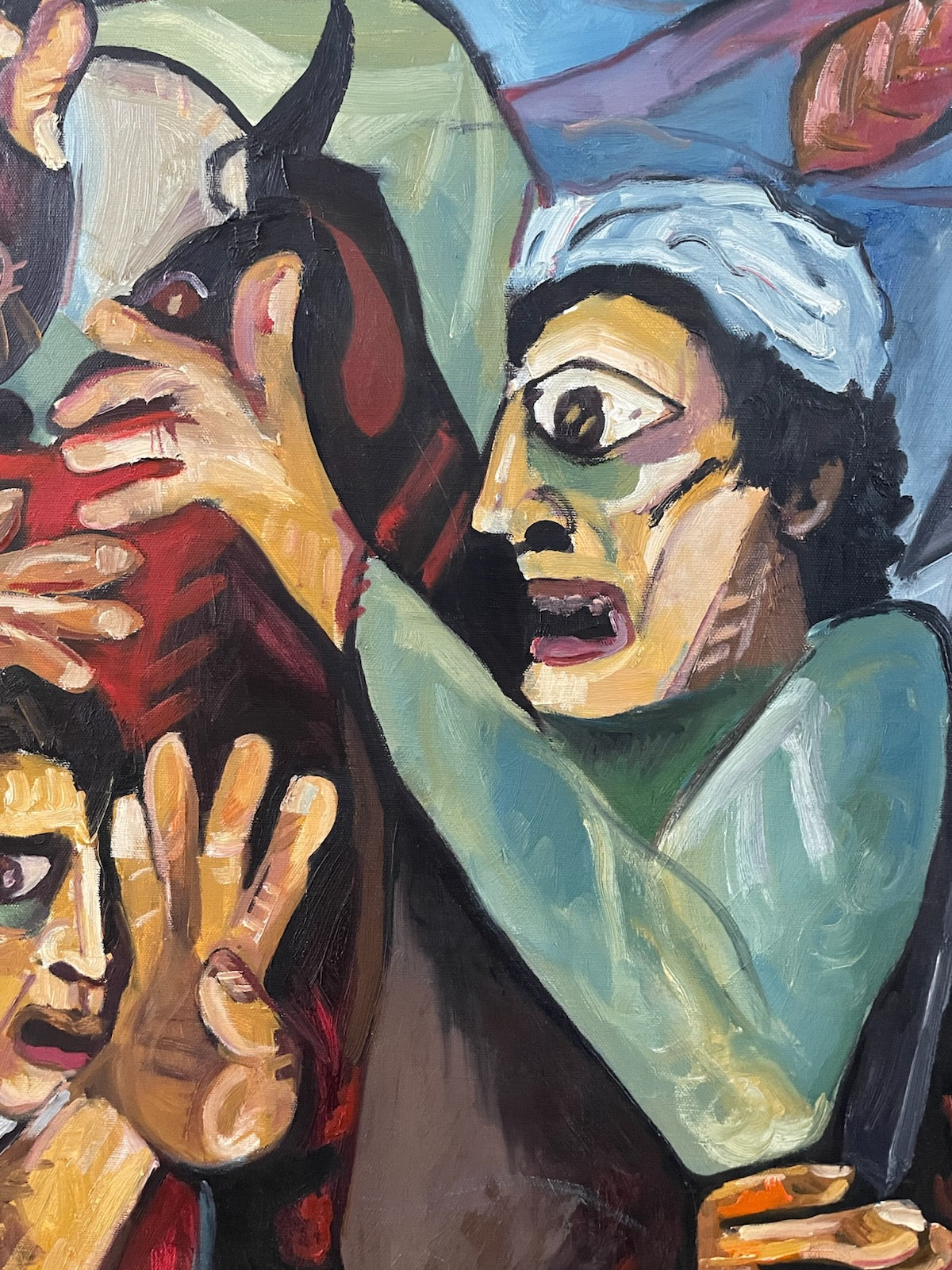 Abstract painting with a central figure and multiple hands reaching towards them