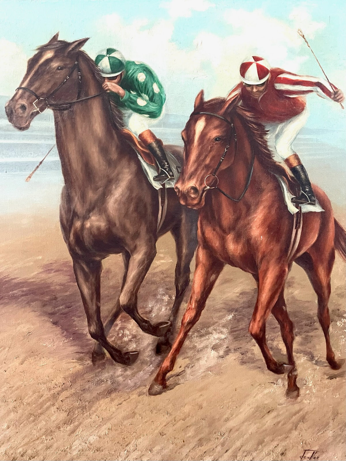 Polo Game De Voe Equestrian Horses Riders Oil On Canvas - Designer Unique Finds 