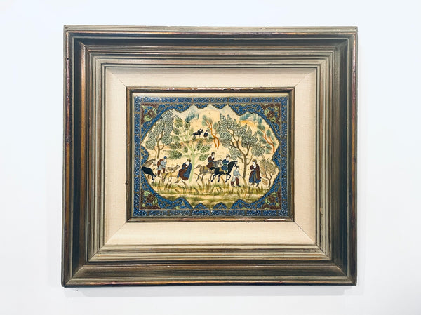A Persian Miniature Plaque Village Scene Equestrian Art