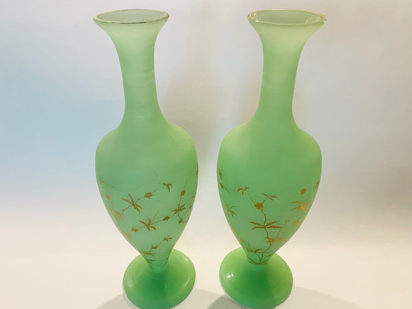 French Green Opaline Glass Bottle Shaped Satin Vases Gold Flowers