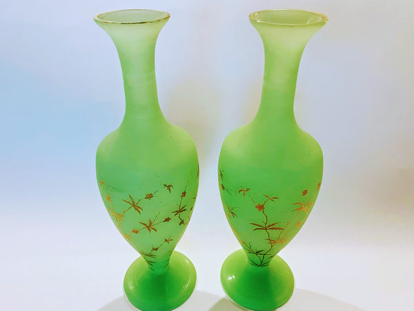 French Green Opaline Glass Bottle Shaped Satin Vases Gold Flowers