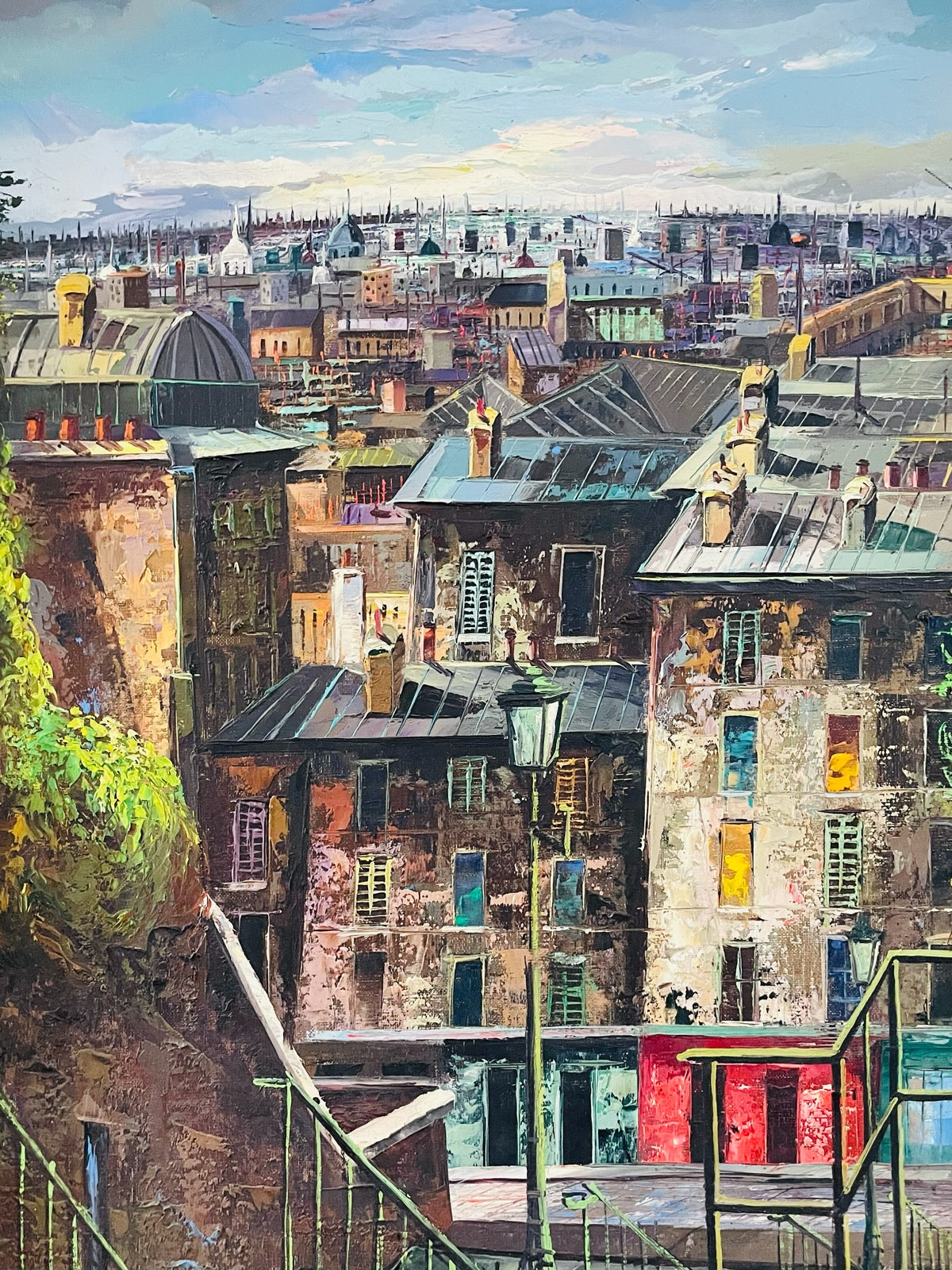 Painting of an urban scene with buildings and rooftops