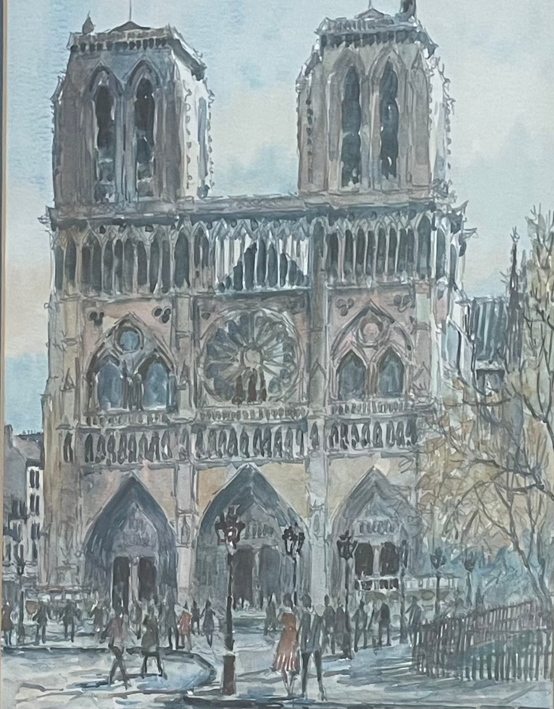 P E Cambrier Notre Dame Cathedral In Paris Impressionist Signed Watercolor On Paper