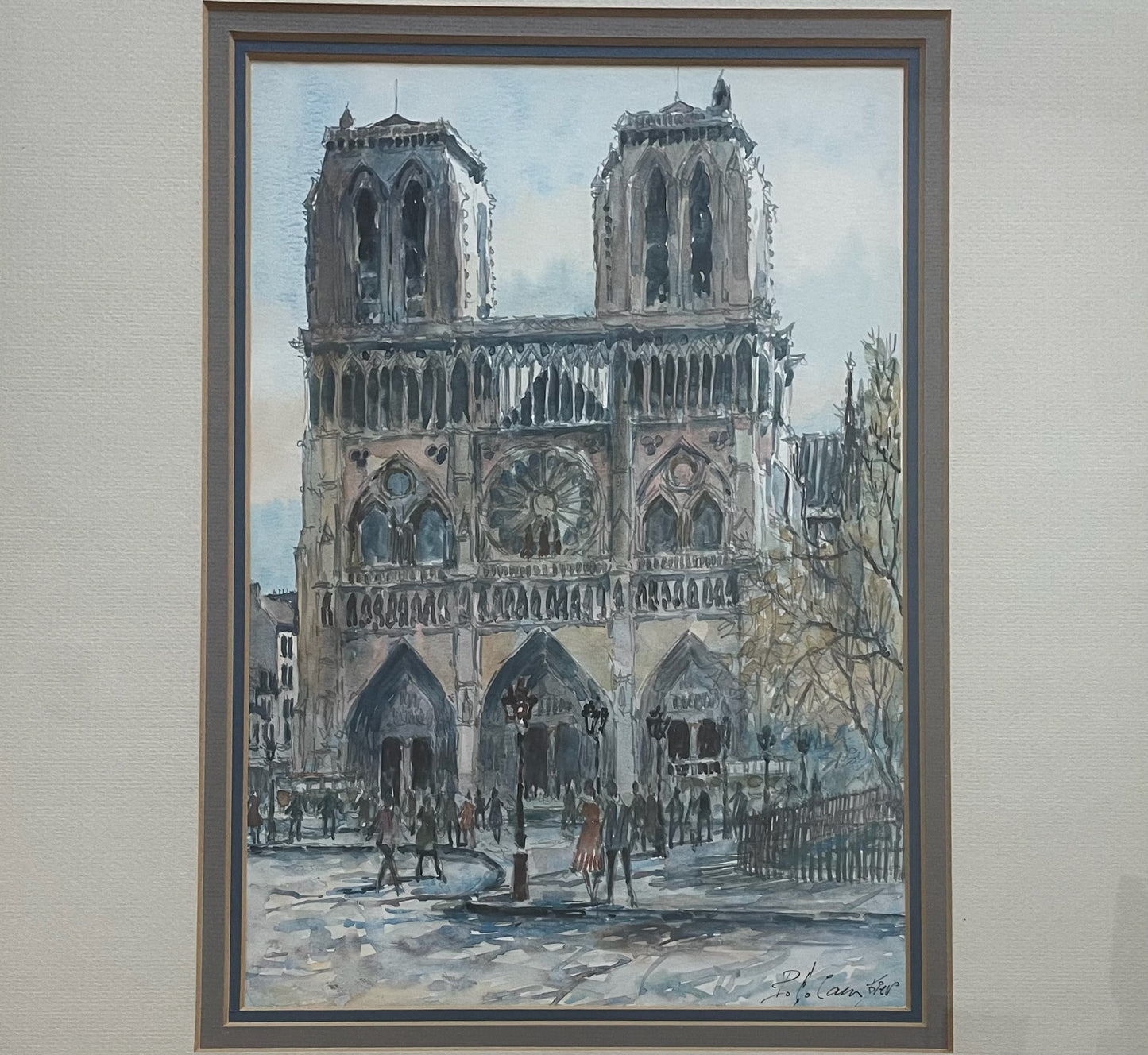 P E Cambrier Notre Dame Cathedral In Paris Impressionist Signed Watercolor On Paper