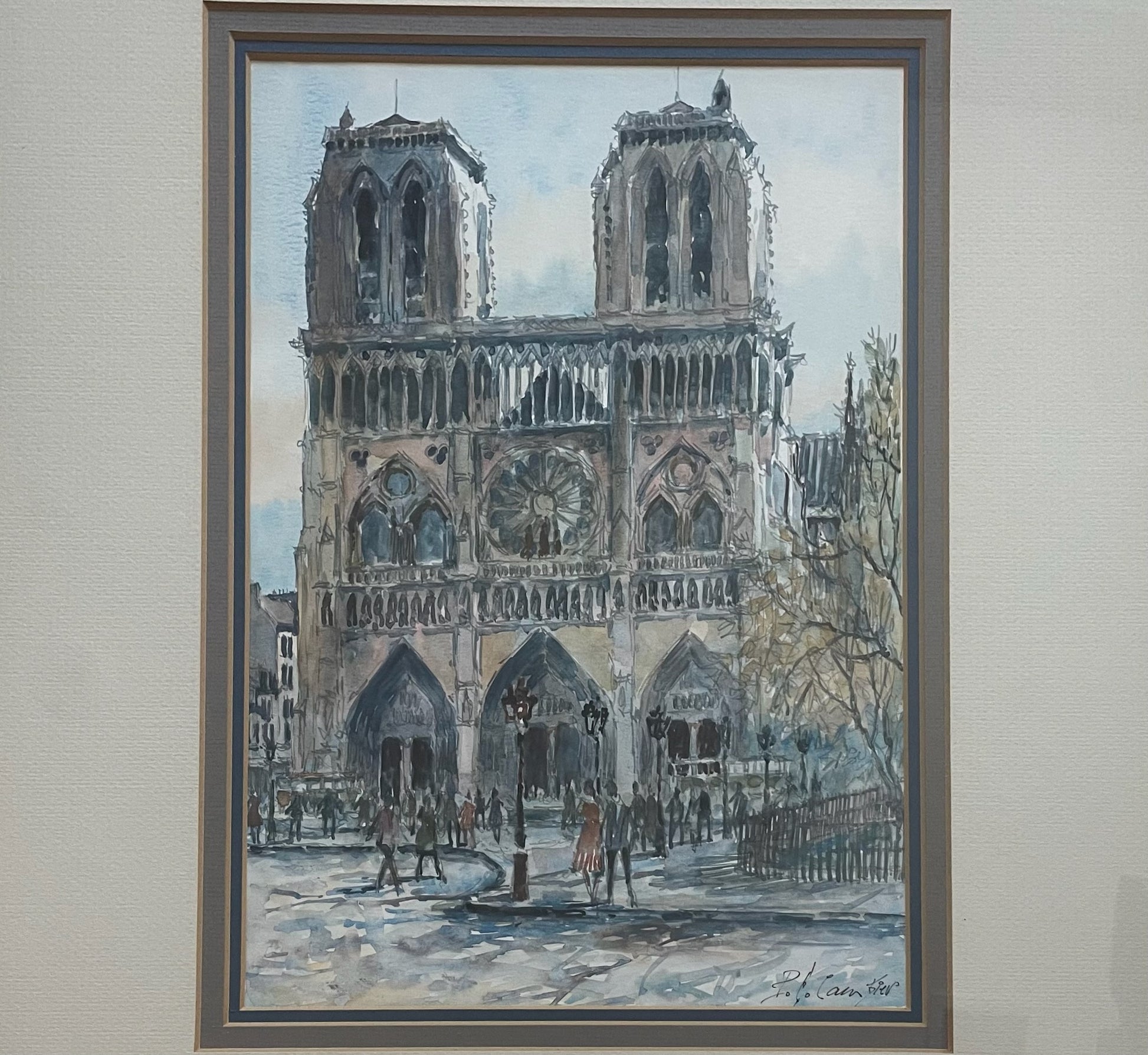 P E Cambrier Notre Dame Cathedral In Paris Impressionist Signed Watercolor On Paper