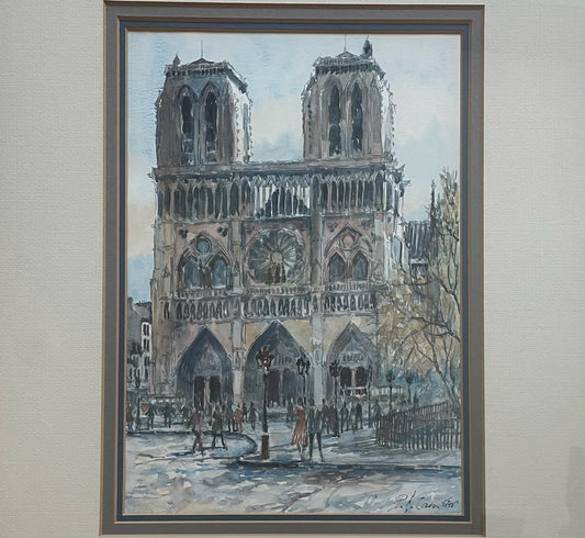 P E Cambrier Notre Dame Cathedral In Paris Impressionist Signed Watercolor On Paper