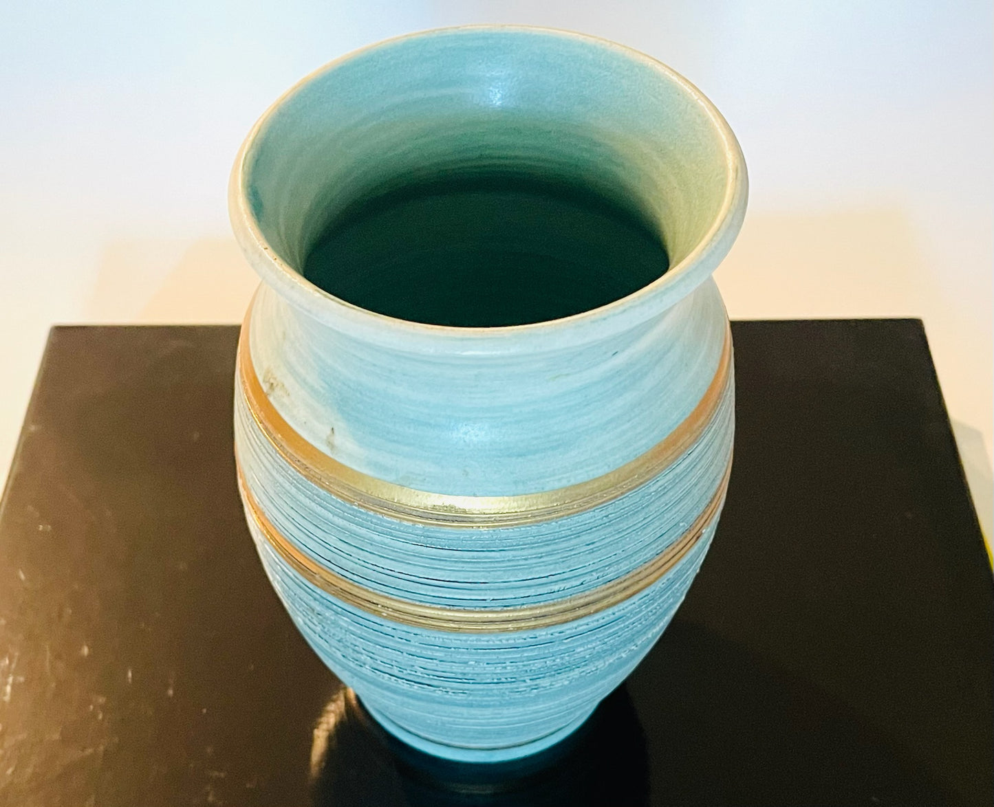 Pottery Shack Original California Signed Texturized Blue Gold Rim Ceramic Vase