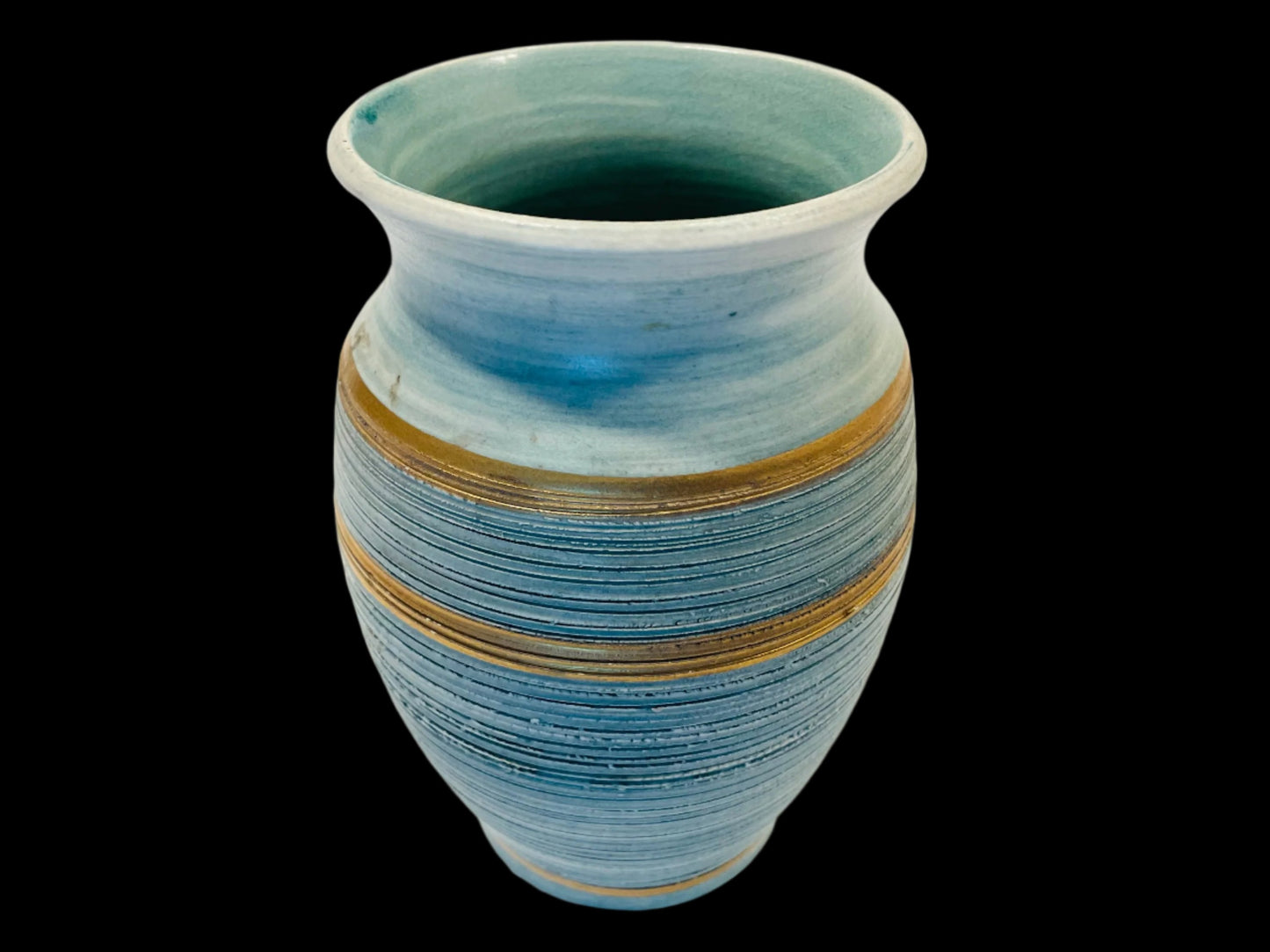 Pottery Shack Original California Signed Texturized Blue Gold Rim Ceramic Vase