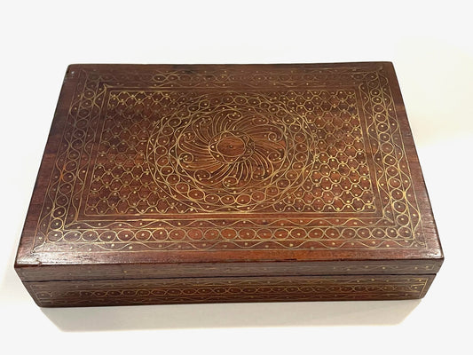 Vintage Mahogany Floral Wired Rectangle Playing Card Box