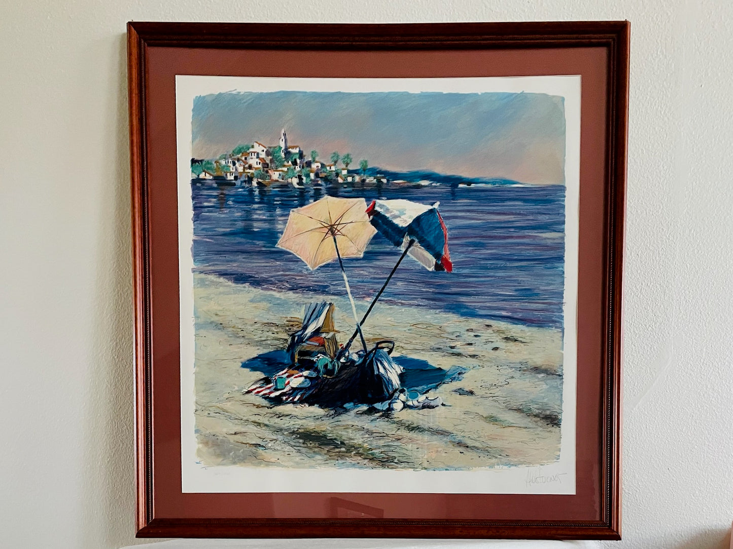 Aldo Luongo Framed Limited Edition Blue Coast  beach scene with umbrellas and a town in the distance