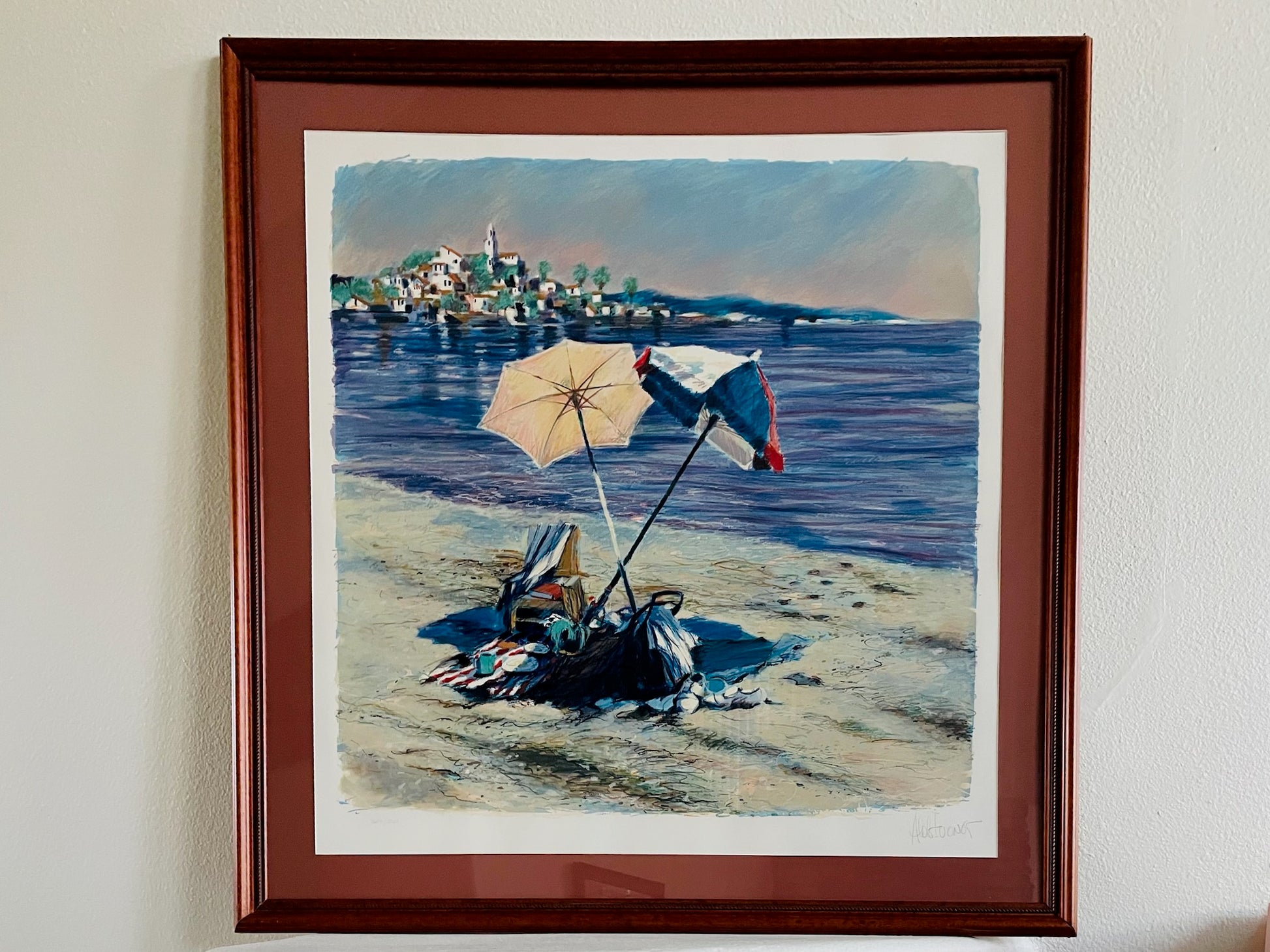 Aldo Luongo Framed Limited Edition Blue Coast  beach scene with umbrellas and a town in the distance