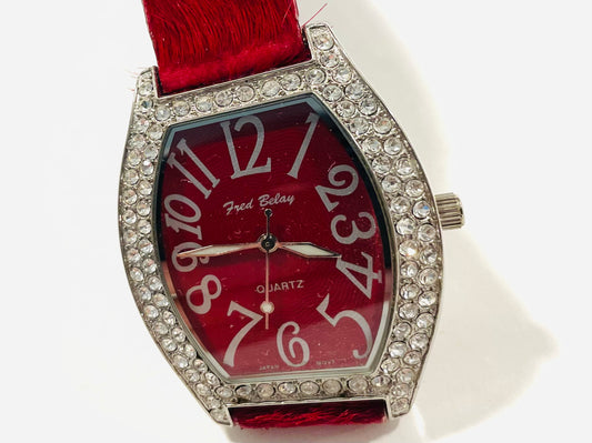 Fred Belay Quartz Japan Red Diamente Vintage Wrist Watch