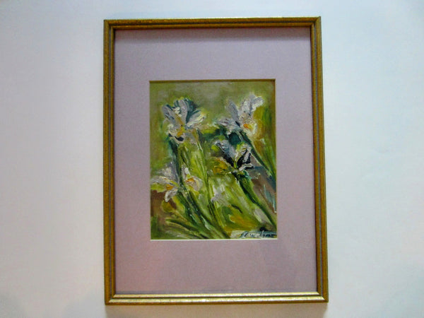 Still Life Irises Signed Oil On Board Untitled Painting