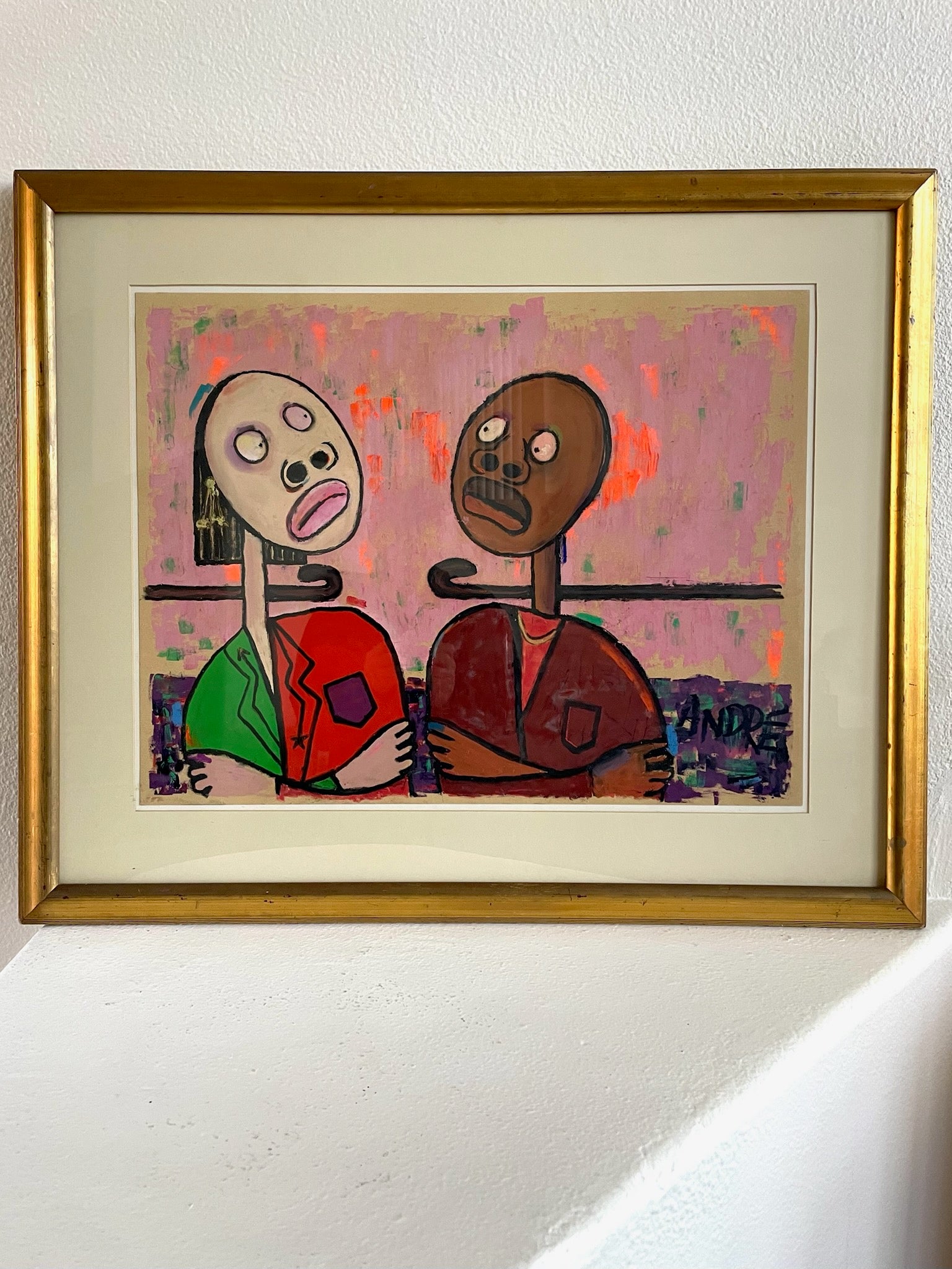 Watercolor Framed Painting of two stylized figures on a colorful background Signed ANDRE