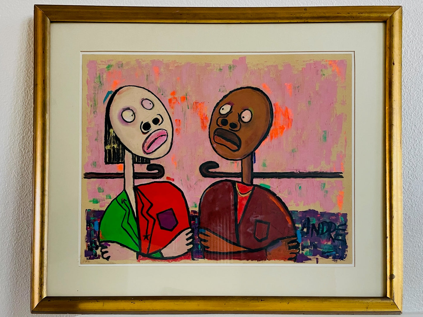 Watercolor Framed Painting of two stylized figures on a colorful background Signed ANDRE