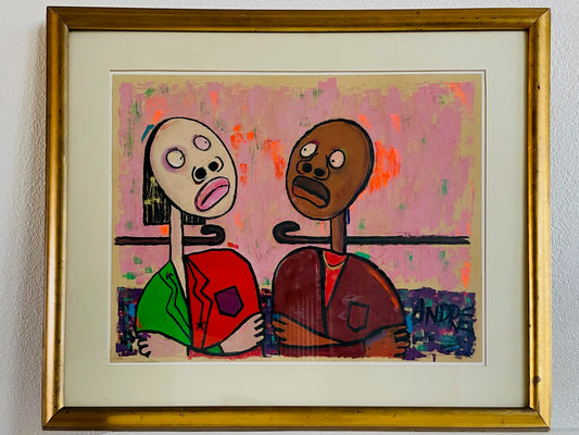 Watercolor Framed Painting of two stylized figures on a colorful background Signed ANDRE