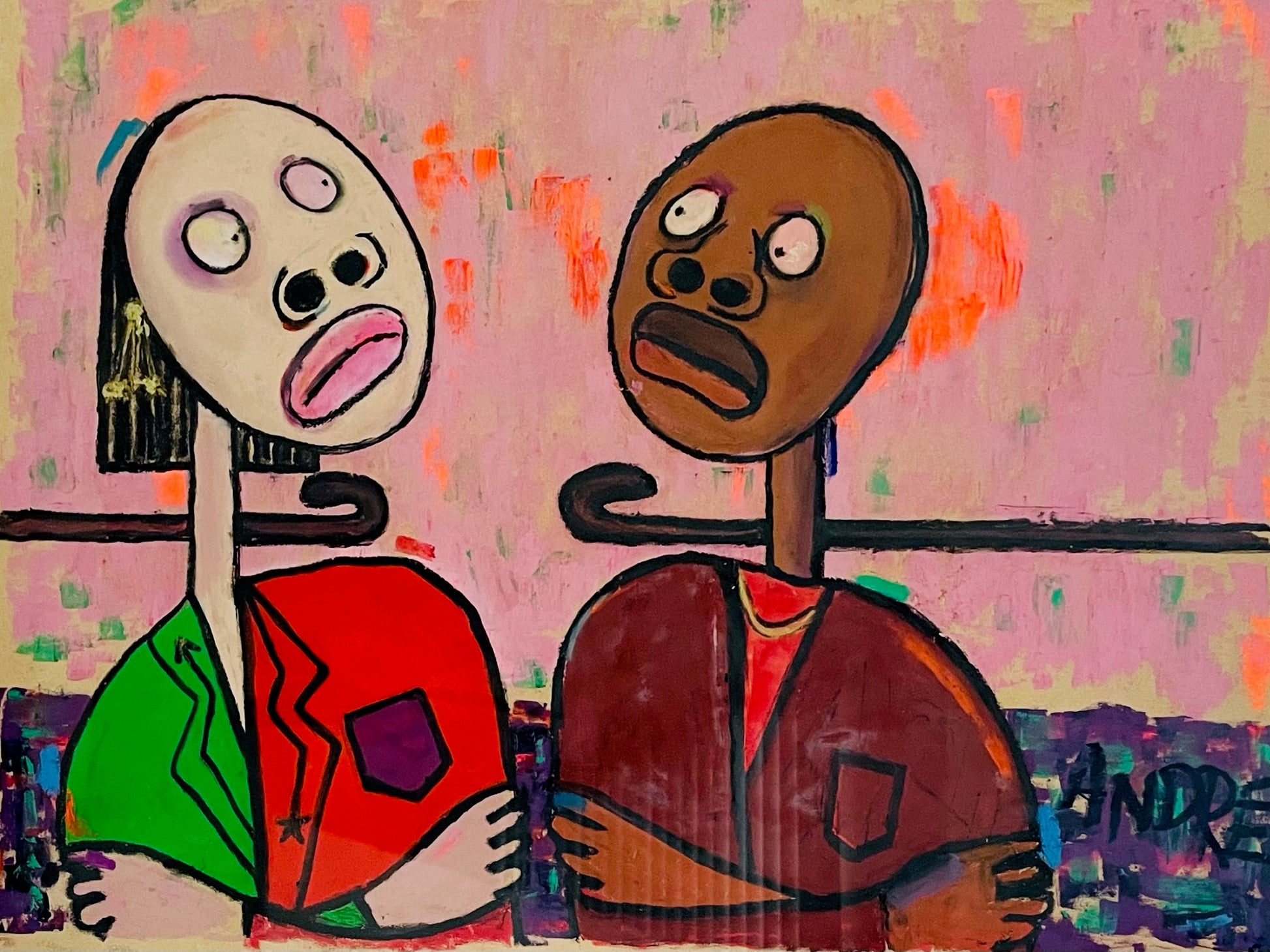 Two stylized figures with colorful abstract background Watercolor Signed  ANDRE 