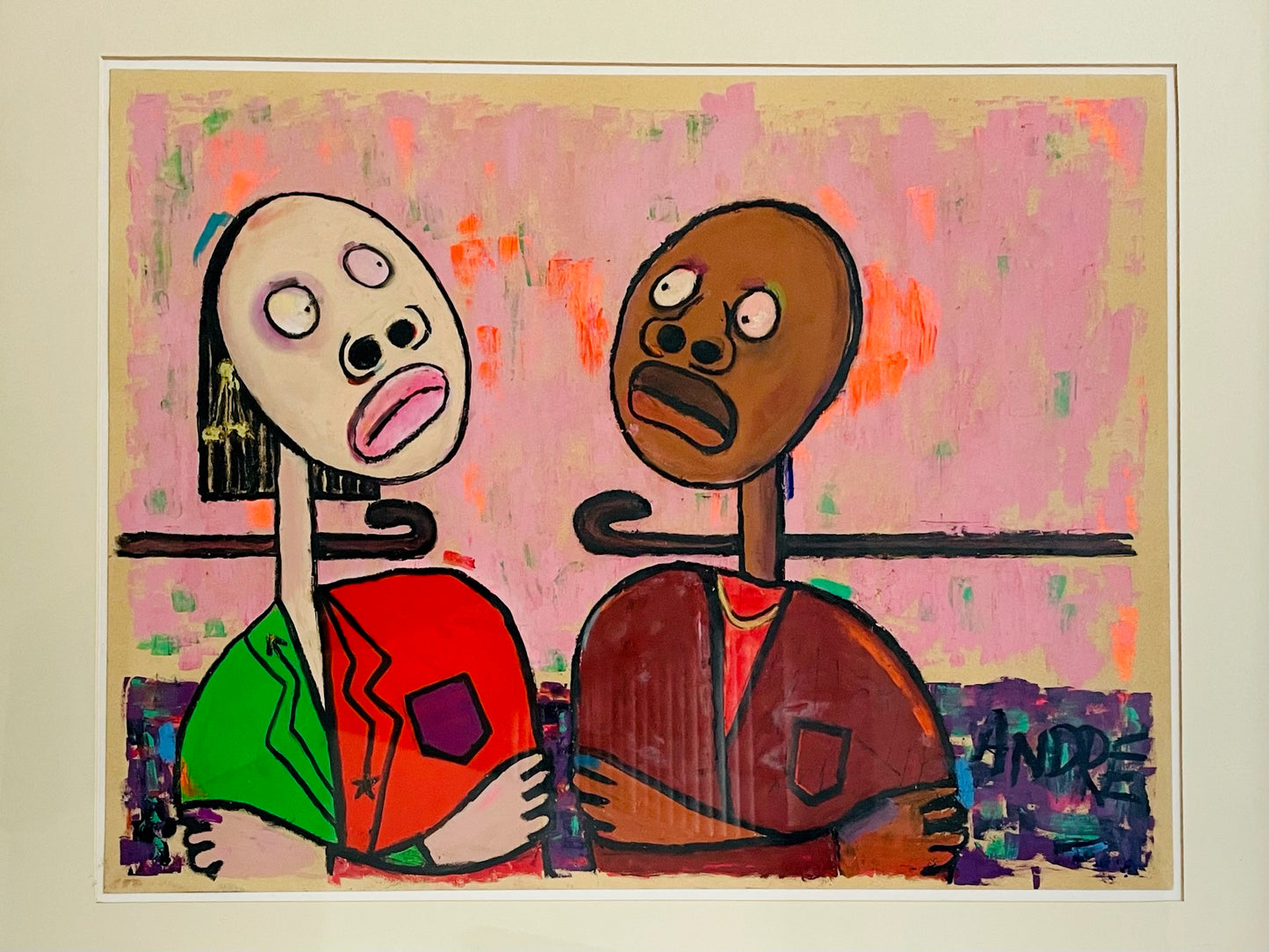 Watercolor Framed Painting of two stylized Abstract figures on a colorful background Signed ANDRE