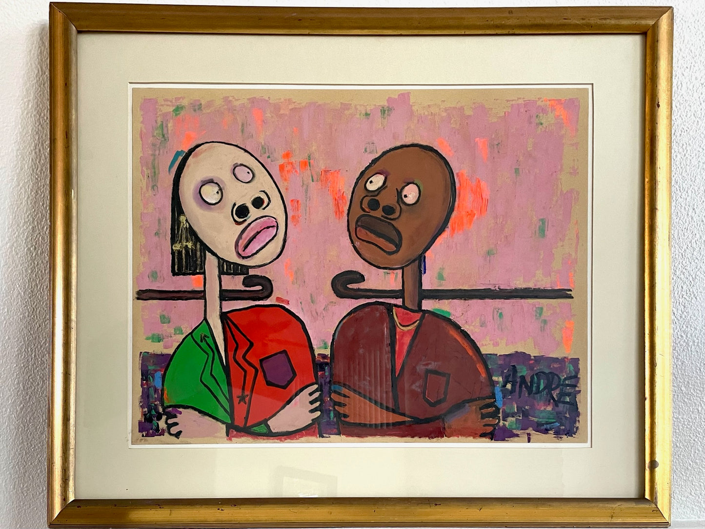 Watercolor Framed Painting of two stylized figures on a colorful background Signed ANDRE