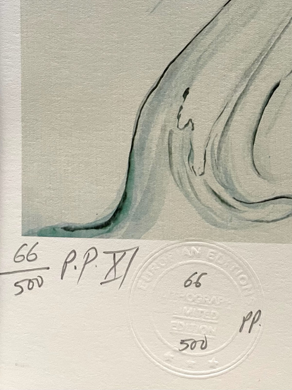 Artistic depiction of a wave on textured paper with artist's signature and edition details.