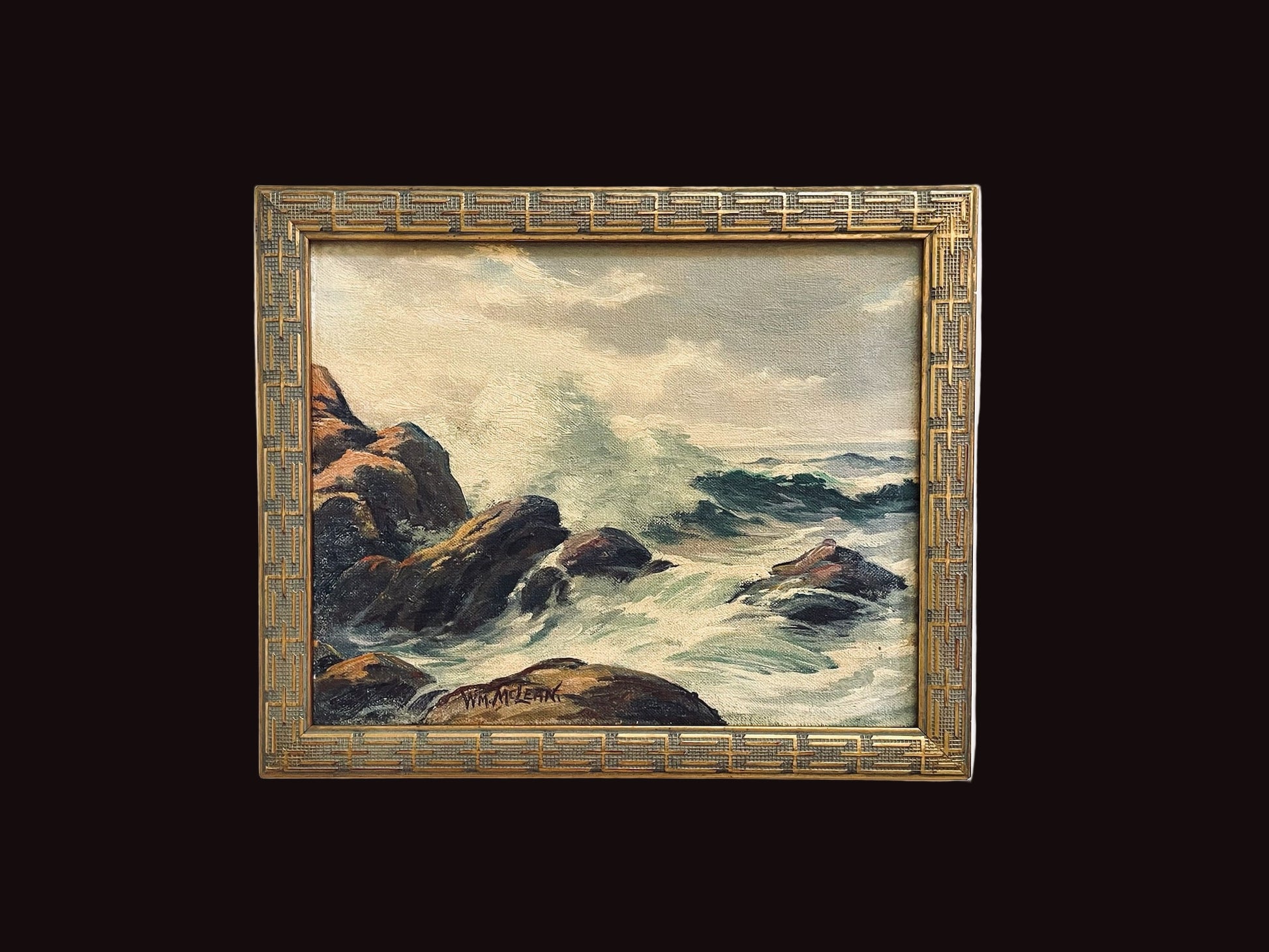 WM Mclean Seascape Rocky Wave Coastal Scene Oil On Canvas Board