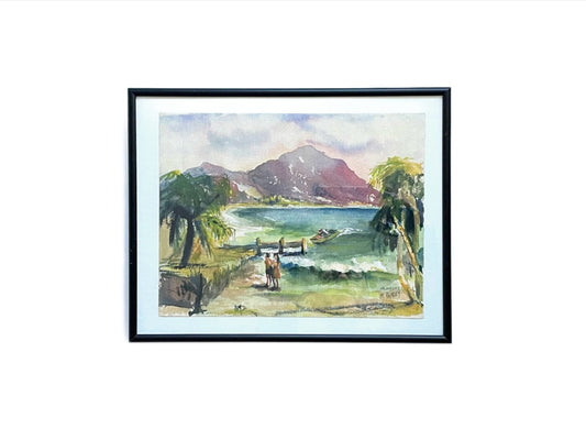 M Ramsey Impressionist Scenic Bayside Mountain View Signed Watercolor Gouache 