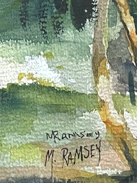 M Ramsey Impressionist Scenic Bayside Mountain View Signed Watercolor Gouache