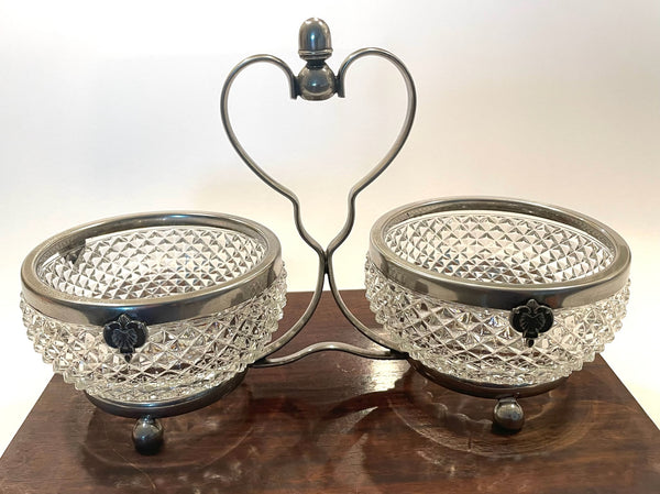 Silverplate England Diamond Cut Glass Condiment Serving Bowls Ball Footed Holder