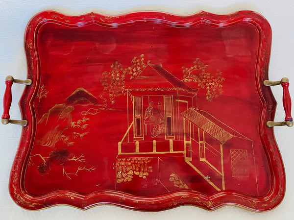 Rectangular Red Lacquered Chinoiserie Scenic Serving Tray Bronze Handles