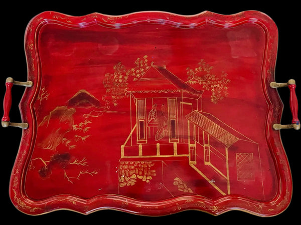 Rectangular Red Lacquered Chinoiserie Scenic Serving Tray Bronze Handles