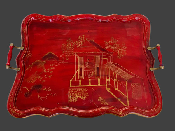 Rectangular Red Lacquered Chinoiserie Scenic Serving Tray Bronze Handles