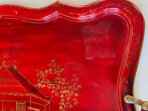 Rectangular Red Lacquered Chinoiserie Scenic Serving Tray Bronze Handles