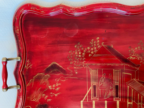 Red Lacquer Chinoiserie Scenic Serving Tray Bronze Handles