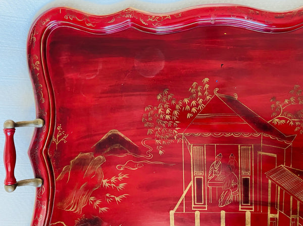 Rectangular Red Lacquered Chinoiserie Scenic Serving Tray Bronze Handles