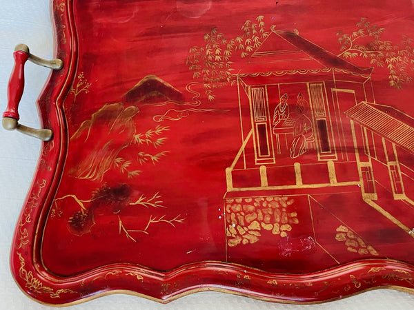 Red Lacquer Chinoiserie Scenic Serving Tray Bronze Handles