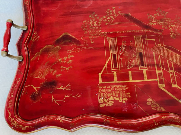 Rectangular Red Lacquered Chinoiserie Scenic Serving Tray Bronze Handles