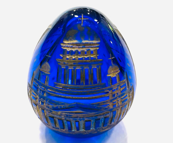 Hand Carved Gilt Decorated Miniature Cobalt Glass Egg
