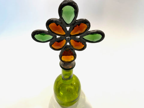 Folk Art Hand Soldered Stained Glass Decorative Green Bottle