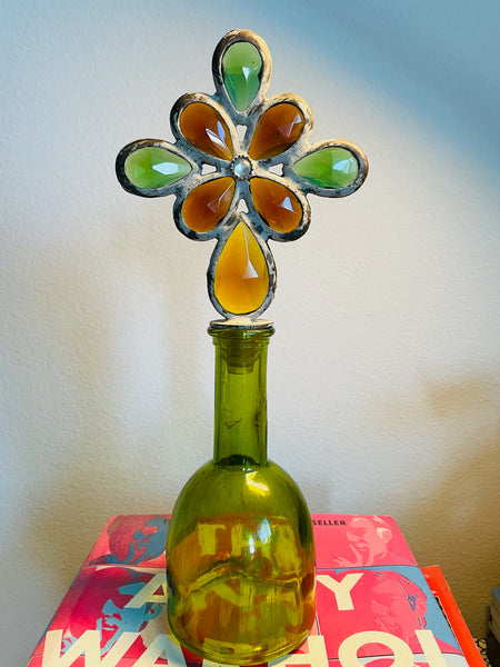 Folk Art Hand Soldered Stained Glass Decorative Green Bottle