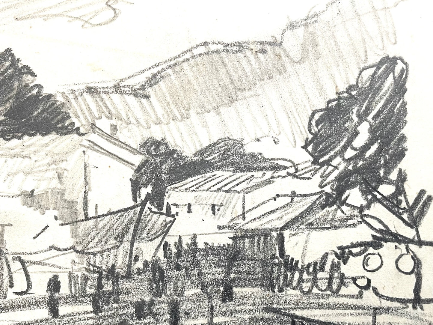 Leonard Scheu Impressionist Architectural and Figure Signed Pencil Drawing