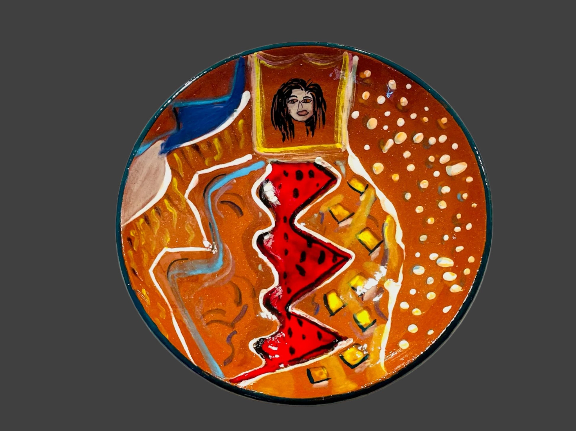 Decorative plate with abstract designs and a portrait Artist Signed 