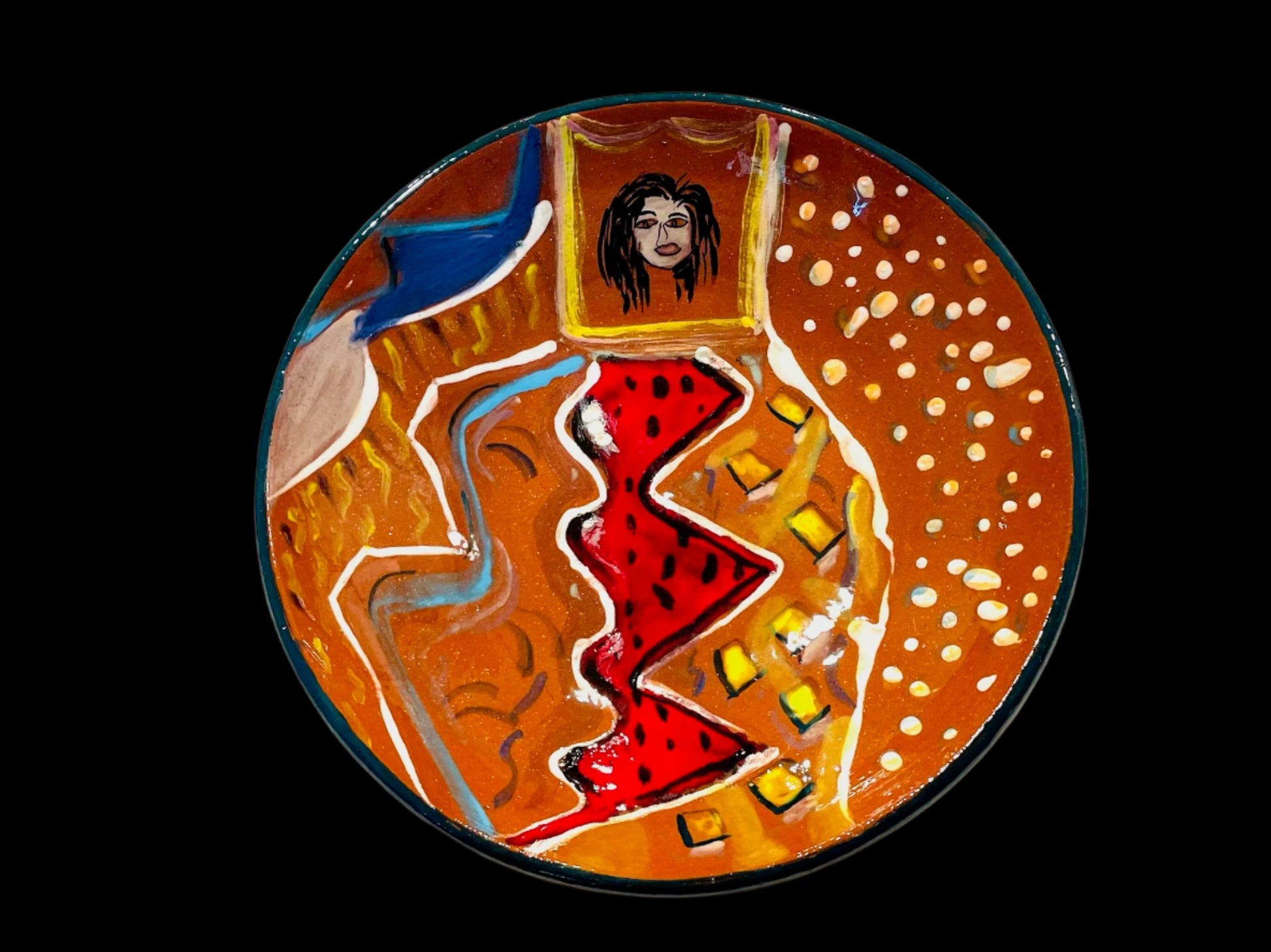 Decorative Bowl Terracotta abstract designs and a portrait Aritst Signed 