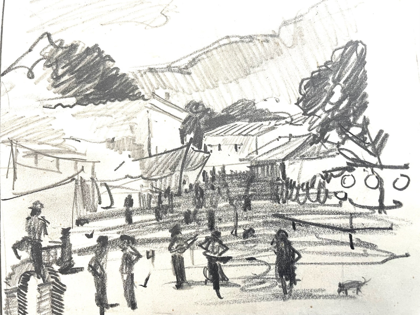 Leonard Scheu Impressionist Architectural and Figure Signed Pencil Drawing