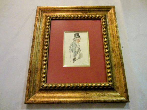 Man With Walking Cane Political Satire French Caricature Signed Etching 