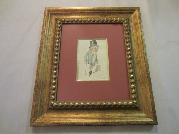 Man With Walking Cane Political Satire French Caricature Signed Etching