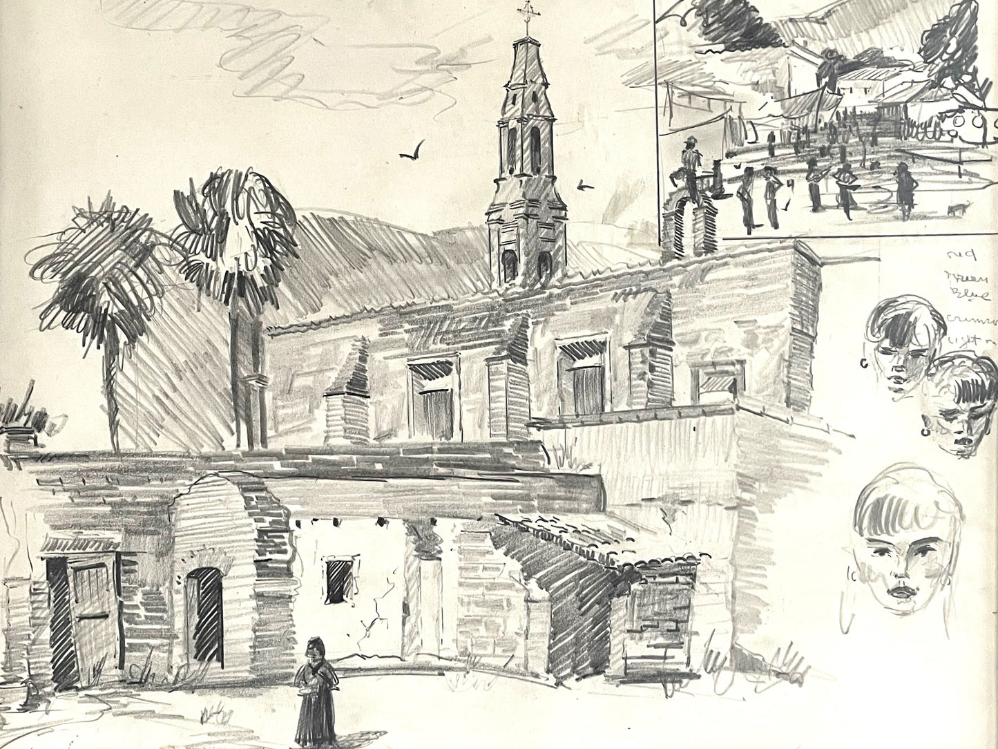 Leonard Scheu Impressionist Architectural and Figure Signed Pencil Drawing