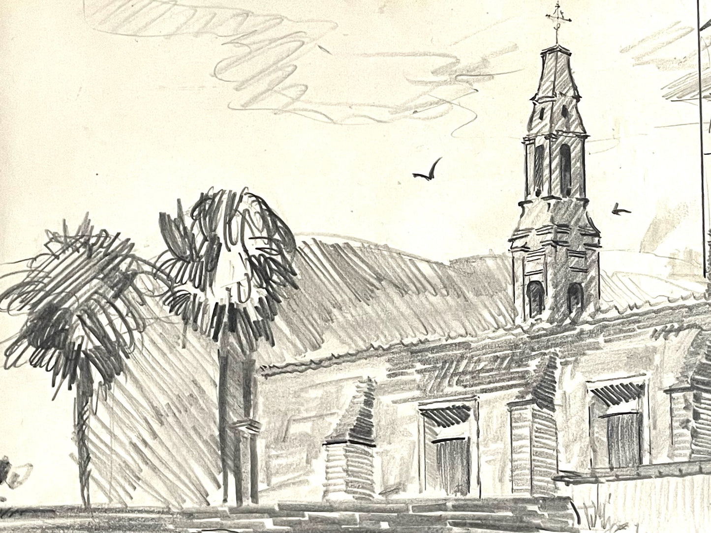 Leonard Scheu Impressionist Architectural and Figure Signed Pencil Drawing